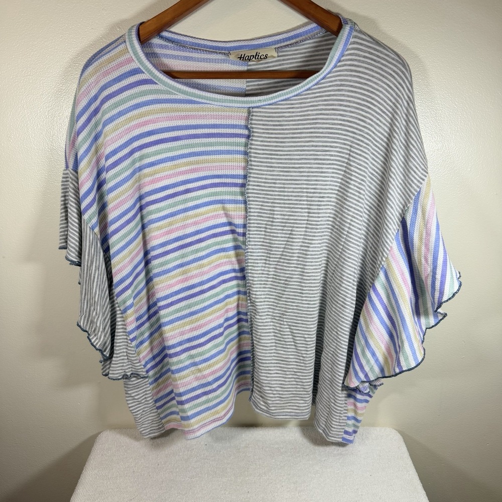 Haptics Women's Pastel Rainbow Striped Flutter Sleeve Flowy Crop Top L/Xl B0074